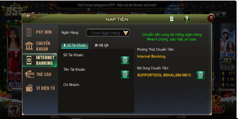 nap tien b52club 1 Hướng dẫn chi tiết nạp tiền B52 qua internet banking cho người mới