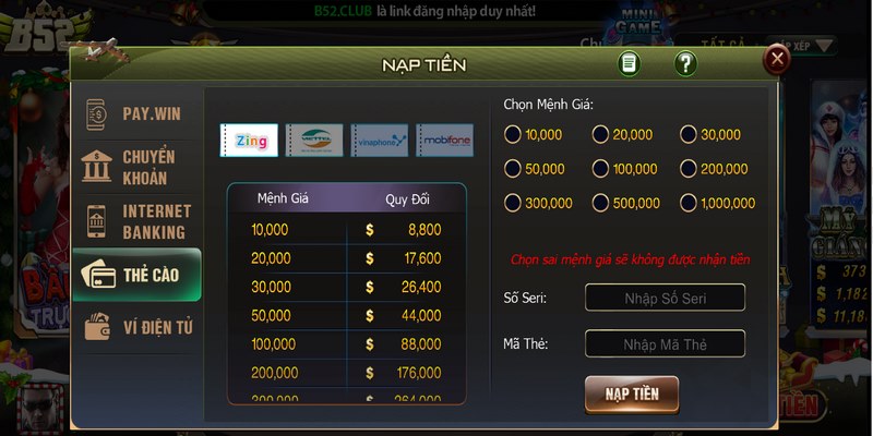 nap tien b52club 3 Một số lưu ý quan trọng khi nạp tiền tại cổng game uy tín B52Club