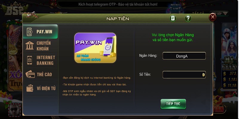 nap tien b52club 4 B52Club mang đến đa dạng phương thức nạp tiền cho tân binh